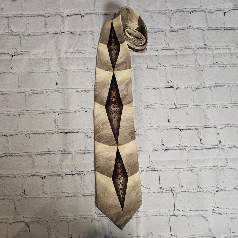 Ottimo Uomo Mens Silk Tie Geometric‎ Diamond Filigree Taupe Brown Hand Made 60in